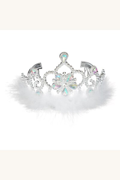 Comerivo Tiara argintie cu pietre irizate si pene albe - Accesoriu deghizare ...
