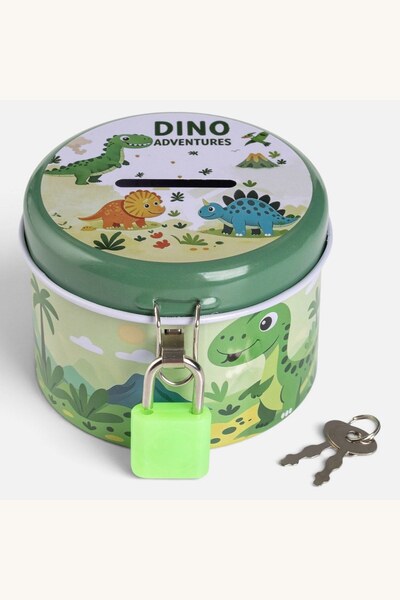 Comerivo Pusculita metal rotunda pentru copii cu dinozaur verde 7x6cm