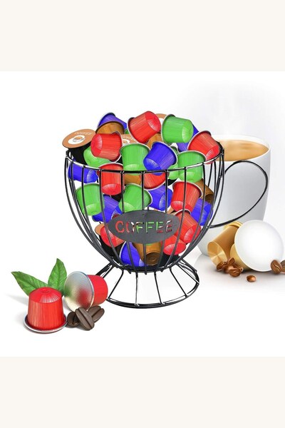 Comerivo Organizator capsule cafea din metal negru, design ceasca Coffee, 15x...