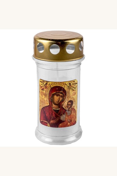Comerivo Lumanare alba cu Maica Domnului si capac auriu pentru altar, 6x14cm