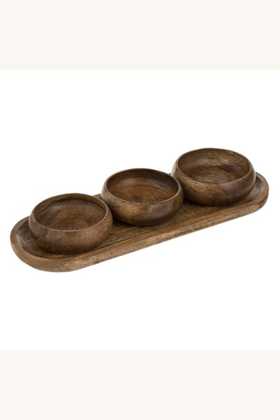 Comerivo Set 4 platouri lemn maro pentru aperitive si sosuri cu 3 boluri rotunde