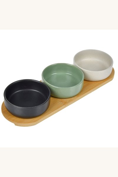 Comerivo Suport din bambus cu 3 boluri ceramice colorate pentru aperitive, 32...