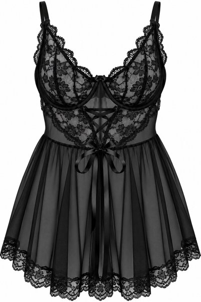 Simi Underwear Kadın Siyah Çiçekli Dantelli Tül Babydoll Gecelik