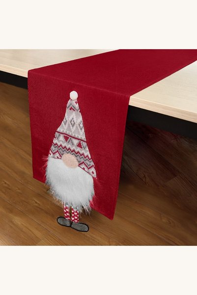 Comerivo Traversa decorativa de Craciun rosie cu gnome 3D si pompon, 160x35 cm