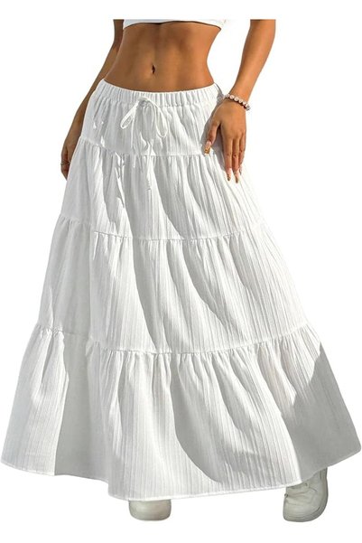 GENERAL DERAX Women's Boho Flowy White Maxi Skirt Ruffle Elastic Waist Long S...
