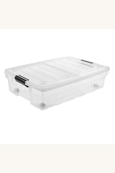 Comerivo Container organizare plastic transparent 60L cu capac si manere pent...