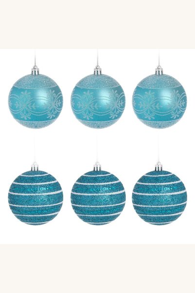 Comerivo 6 Globuri Craciun Turcoaz 8cm cu Glitter si Modele Holografice