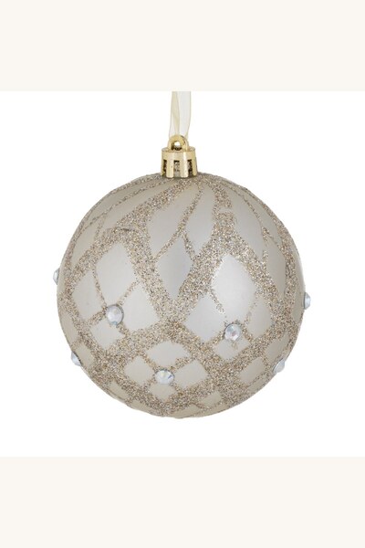 Comerivo Glob decorativ Craciun bej cu glitter si strass, diametru 8cm