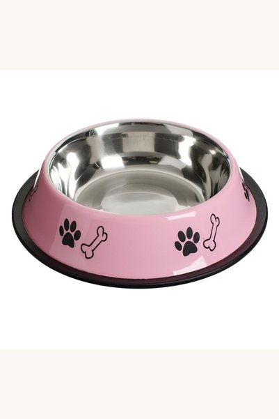 Comerivo Bol metalic roz pentru cainele tau, 710ml, cu model labute si os