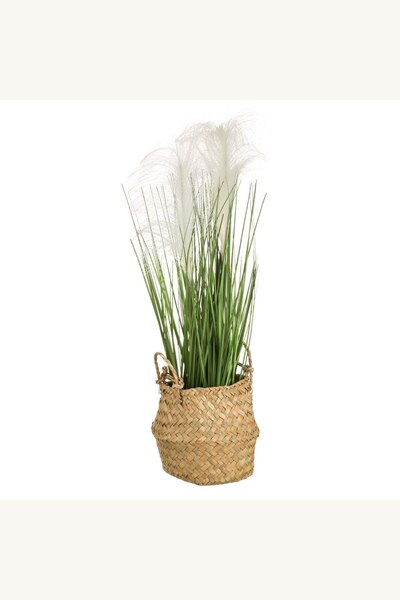 Comerivo Cos decorativ cu flori albe si iarba artificiala, 44cm pentru exterior