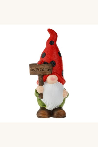 Comerivo Statueta ceramica spiridus welcome cu caciula rosie pentru gradina 30cm