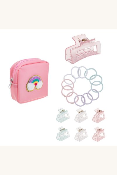 Comerivo Accesorii par copii in geanta roz: 7 clame + 12 elastice cu lurex
