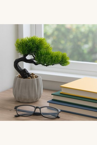 Comerivo Ghiveci decorativ gri cu plantă artificială bonsai, 17x15x19cm