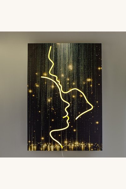 Comerivo Decoratiune perete LED neon cu chip fete 40x60cm, lemn si lumina mod...