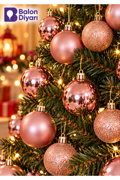 BALON DİYARI 10'lu Rose Pembe Yılbaşı ve Noel Ağacı Top Süsü Seti – Metalik v...