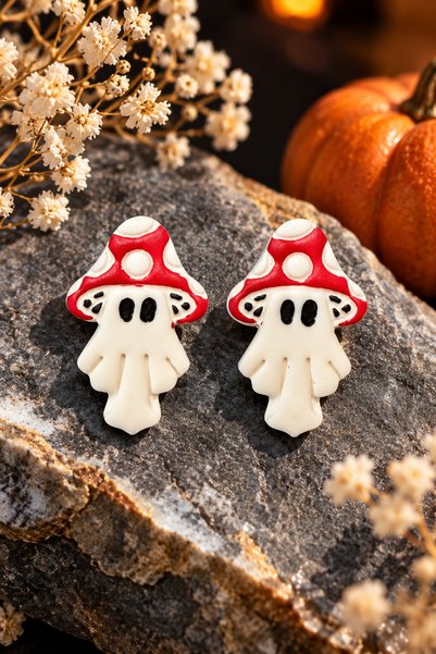 Lu Atelier Halloween Halloween Ghost with Mushroom Hat Earrings – Handmade Po...
