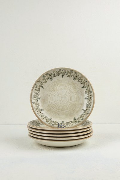 BY BONE Oliva Çukur Sulu Yemek Tabağı 6'lı Set 21 cm 500 cc Zeytin Dalı Desen...