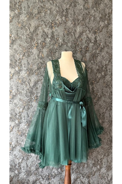 Loviana belle Olive Green Lace Detailed 2-Piece Satin Dressing Gown Set (Boxed)