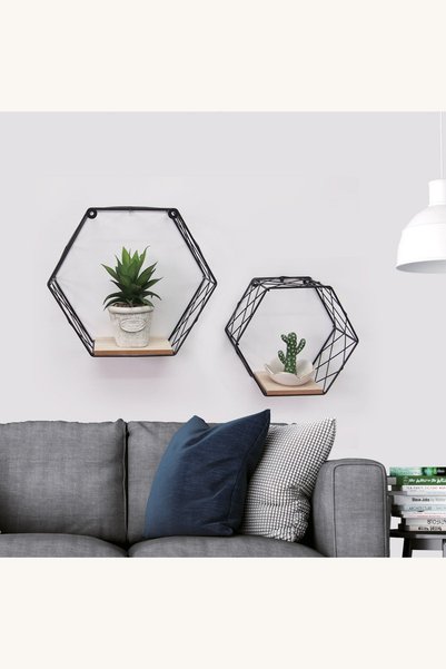 Comerivo Rafturi hexagon decorative cu cadru metalic si baza MDF, set 2 piese...