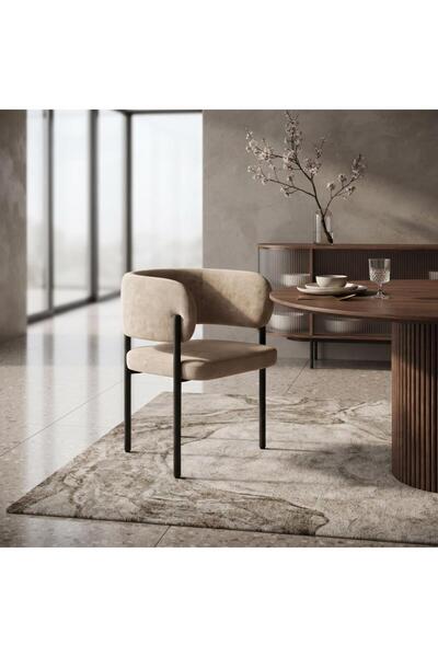 NO BRAND كرسي طعام كافيرو بني بقماش شانيل وتصميم منحني | موفن هوم | MOVEN HOME