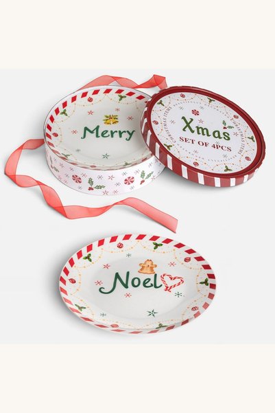 Comerivo Farfurii de Craciun din portelan, set 4 bucati, 19 cm, in cutie cadou
