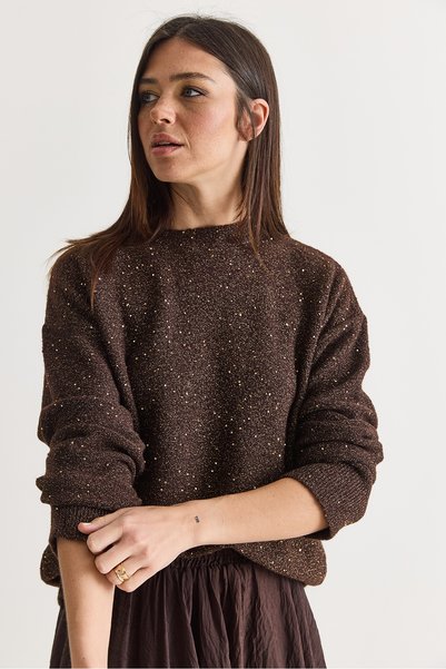 Bianco Lucci Kadın Acı Kahve Payet Detaylı Bisiklet Yaka Oversize Triko Kazak 5543 60286704