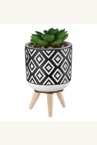 Comerivo Ghiveci decorativ ceramic negru cu picioare din lemn și plantă artif...