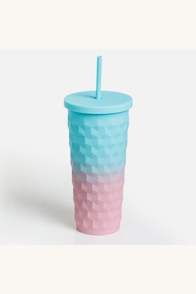 Comerivo Pahar cu pai si capac 600ml design degrade roz-turcoaz si relief