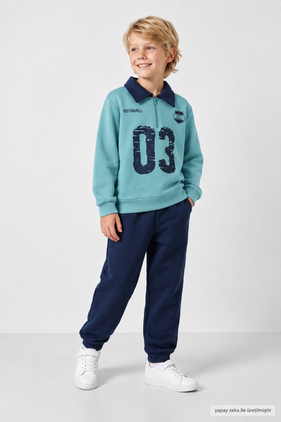 wolly woo Boys' Set 3 Thread Printed Zipper Closure Top and Bottom Set Cotton
