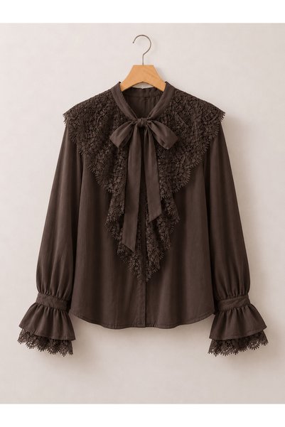 Hepsi Moda Shirt with Lace Details on the Front and Sleeves - 5306 - Bitter B...