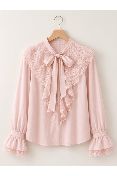 Hepsi Moda Shirt with Lace Detail on Front and Sleeves - 5306 - Powder Pink
