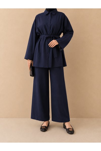 Hepsi Moda Wide Sleeve Oversize Shirt and Pants Set - 61881 - Navy Blue