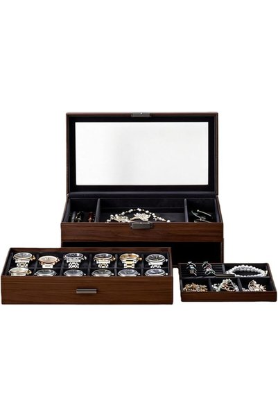 GENERAL Walnut Wood Watch Box, Watch Storage Box with Glass Top & Velvet Lini...