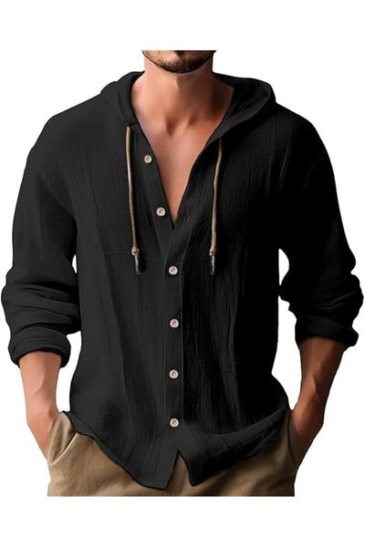 GENERAL Men Cotton Linen Long Sleeve Button Down Shirt Summer Casual Hawaiian...