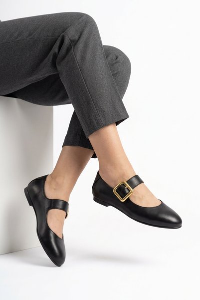 Moda Pie Ones round genuine leather women's flat shoes with side weft buckle ...
