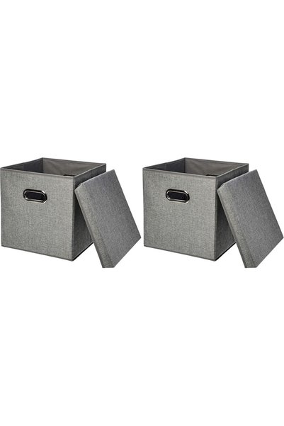Generic Foldable Burlap Cloth Cube Storage Bin With Lid, Set of 2, Gray (Pack...