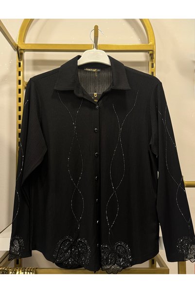 Sunshine Butik Taş İşlemeli Siyah Gömlek