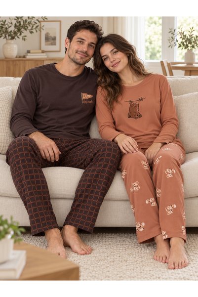 Lena Homewears Günlük Rahat Sevgili Çift Uzun Kollu Pijama Takımı (2’li Set)