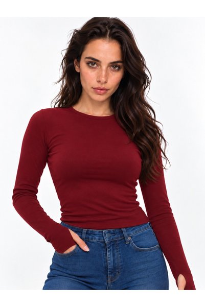 AKTENA GİYİM Kadın Bisiklet Yaka Uzun Kollu Parmak Geçirmeli Basic Body