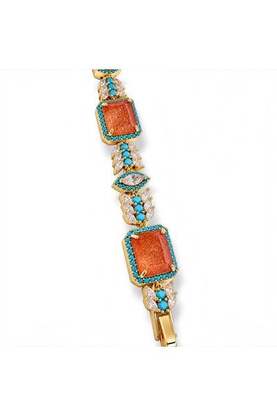 neslyaccessories Nesly Special Design Rectangular Cut Coral Orange Stone Turq...