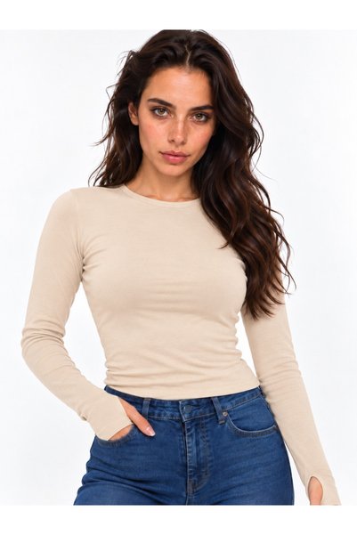 AKTENA GİYİM Kadın Bisiklet Yaka Uzun Kollu Parmak Geçirmeli Basic Body