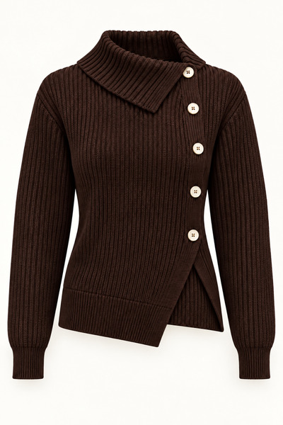 Bipantolon Women's Bitter Brown Asymmetrical Collar Side Buttoned Ribbed Knit...