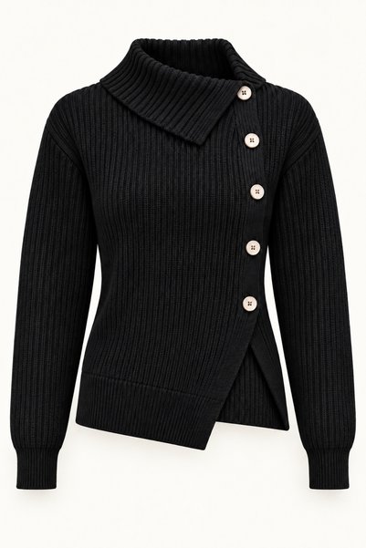 Bipantolon Women's Black Asymmetrical Collar Side Buttoned Ribbed Knit Sweater