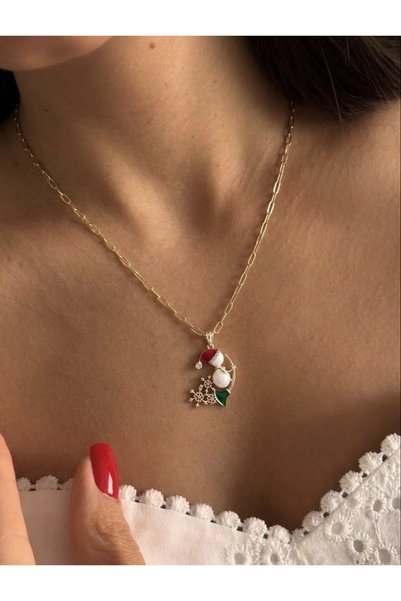 AychaAksesuar Snowman Christmas New Year Necklace with Sleigh