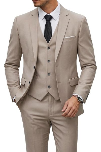 YND Men's 3 Piece Suit Set with Tie, 2 Button Slim Fit Solid Blazer Jacket Ve...