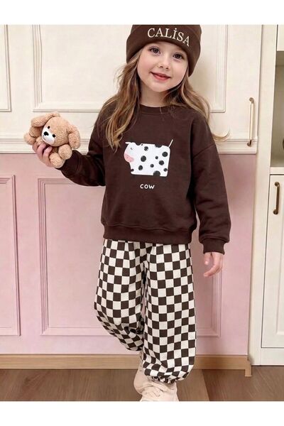 CALİSA Girl's Tracksuit Set Brown Cow Printed Oversize Jogger Checkered Bottom Top 2-8 Years