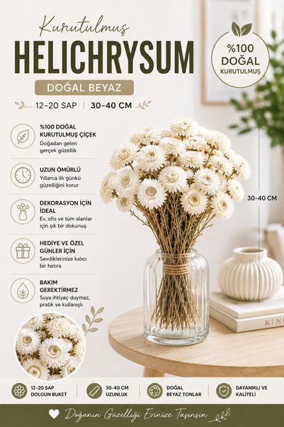 Goya Home Helichrysum Saman Çiçeği Ölmez Çiçek Demeti Dekoratif Kuru Çiçek Ge...