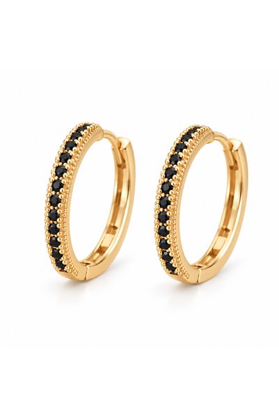 Mia Milano Black Zircon Detail Gold-Plated Hoop Women's Earrings