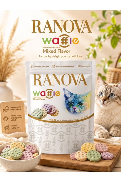 RANOVA 🐱 رانوفا وافل – مكافآت قطط مجففة بالتجميد بنكهات متنوعة – 60 جرام
