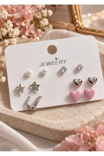 Nilove Concept Aksesuar 6 Pairs of 12 Earrings Set - Heart, Star, Pearl and S...